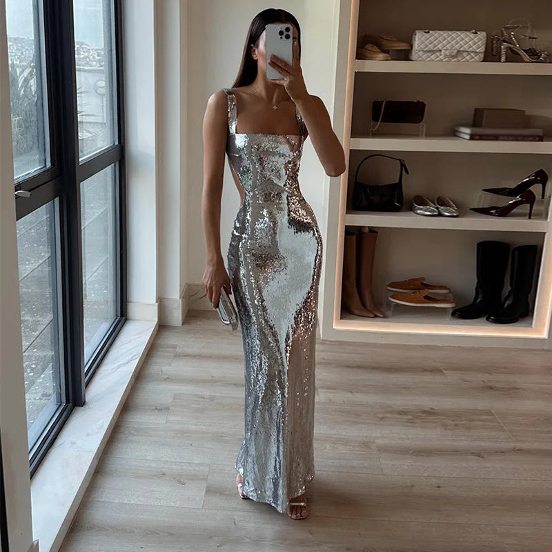 Vestido Maxi plateado