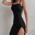 Vestido ceñido largo para mujer, Vestidos de verano sin mangas con cuello Halter y tirantes finos, Vestidos con abertura alta